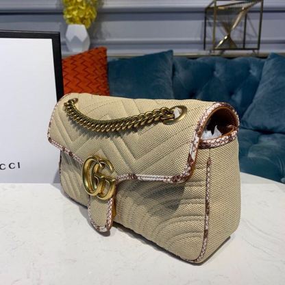 gg Marmont Raffia Straw Shoulder Bag Cream/Brown/Beige gg Chevron Matelassé Raffia Effect Fabric For Women 10in/26cm gg  ‎443497