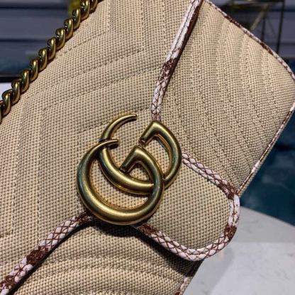 gg Marmont Raffia Straw Shoulder Bag Cream/Brown/Beige gg Chevron Matelassé Raffia Effect Fabric For Women 10in/26cm gg  ‎443497