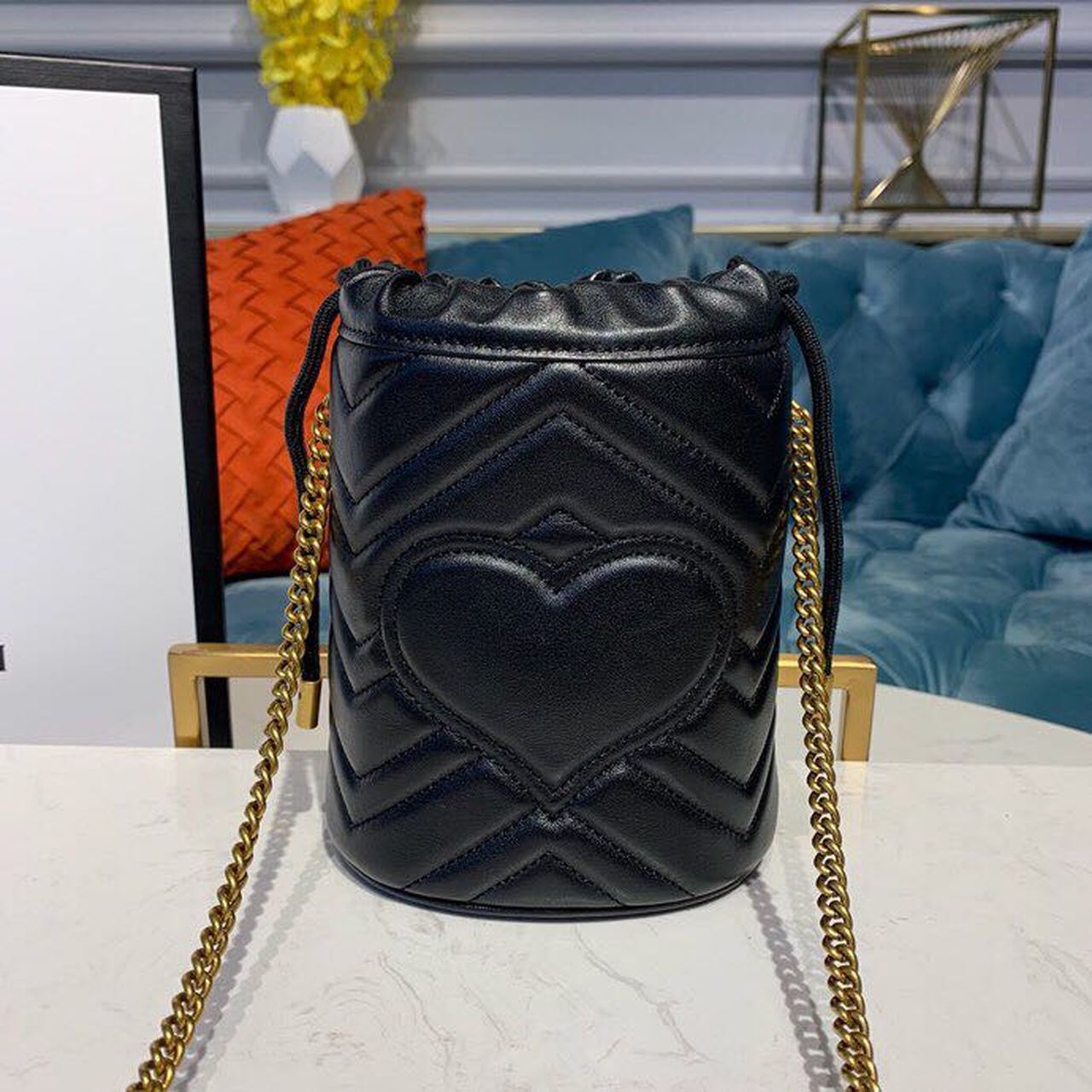 gg Marmont Mini Bucket Bag Black Matelassé Chevron For Women 6in/13cm gg 575163 575163 DTDRT 1000