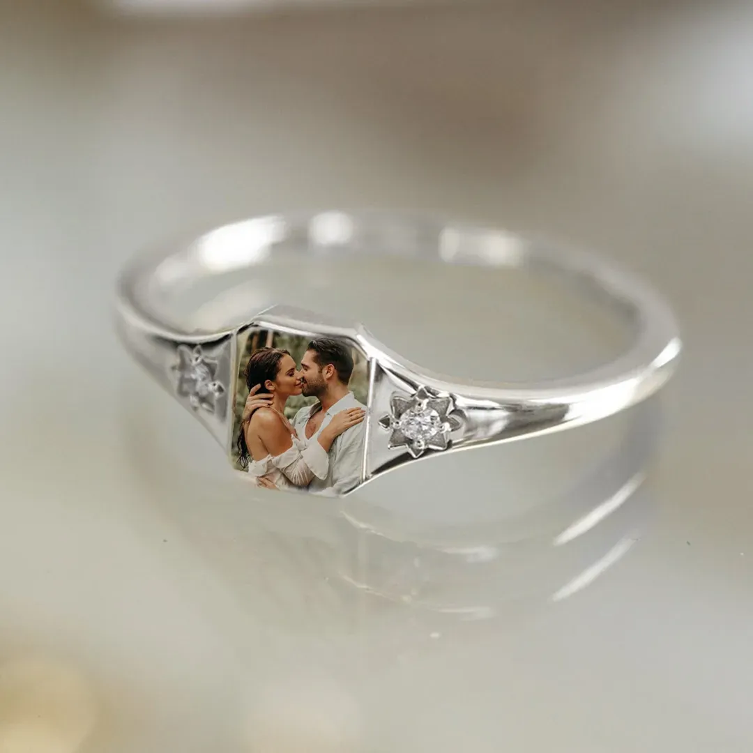 Mother's Day Gifts Personalized Birthstone Photo Ring 2 Birthstone Colors Custom Jewelry Perfect Gift for Her - SantaSocks
