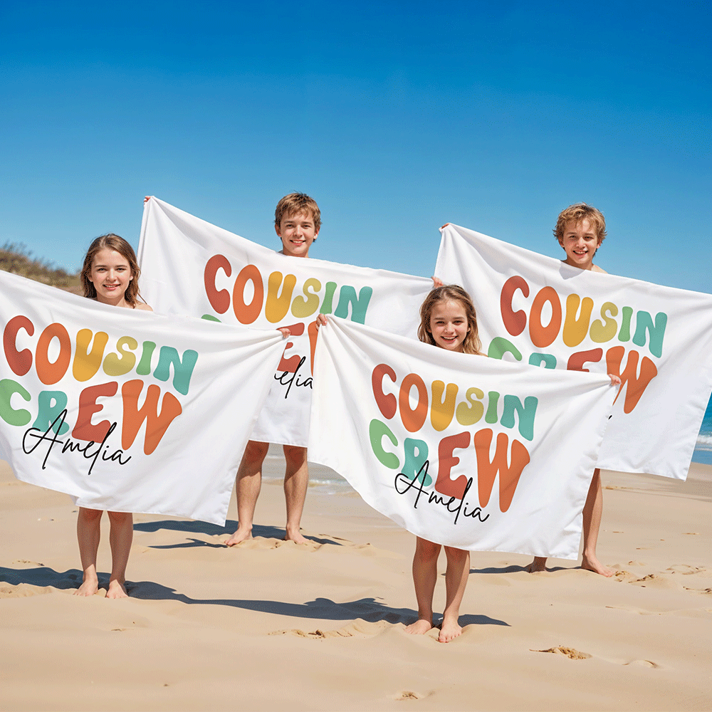 Personalized Name Cousin Crew Beach Towel, Perfect for Family Outings - SantaSocks