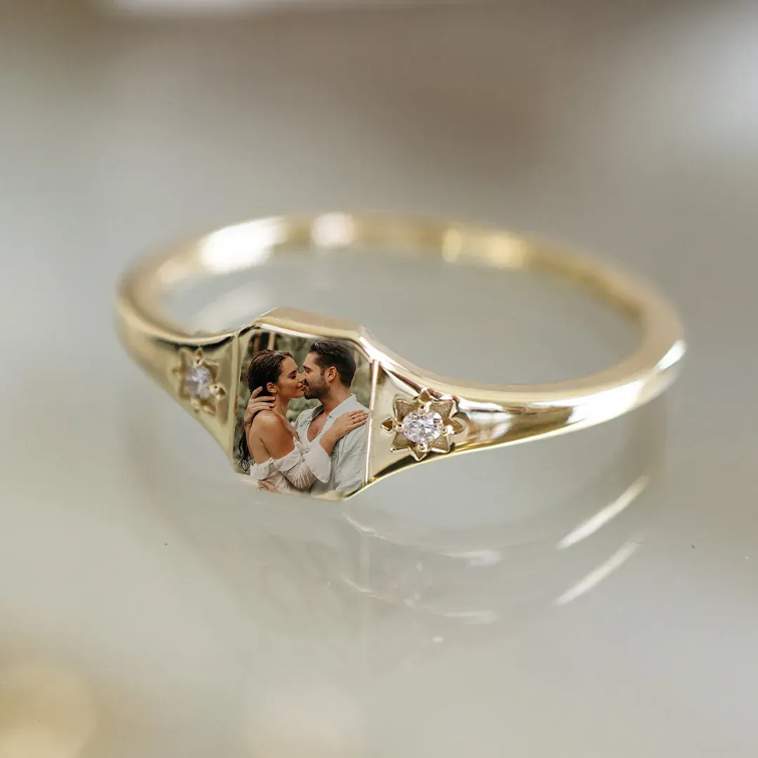 Mother's Day Gifts Personalized Birthstone Photo Ring 2 Birthstone Colors Custom Jewelry Perfect Gift for Her - SantaSocks