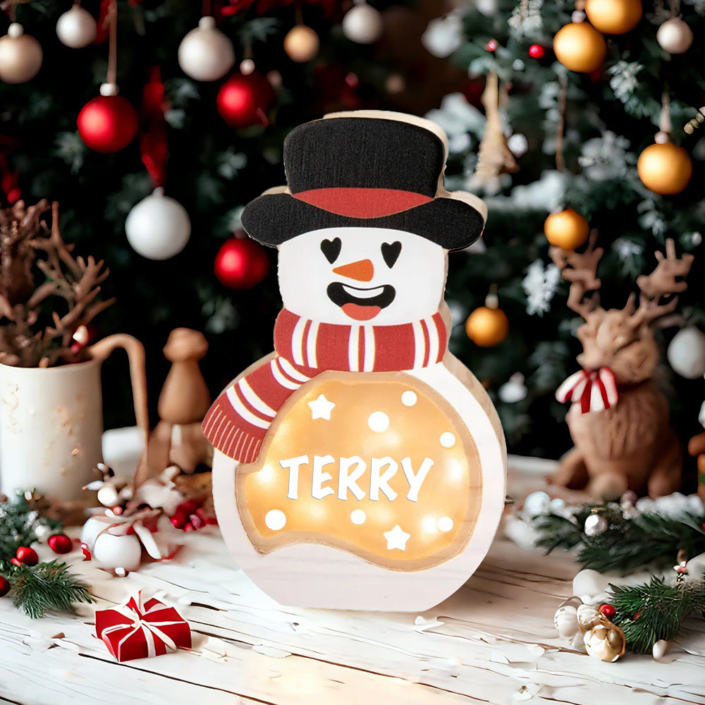 Personalized Snowman Wooden Decoration with LED Light Tabletop Winter Name Block Sign Holiday Party Supplies Christmas Gift for Family - SantaSocks