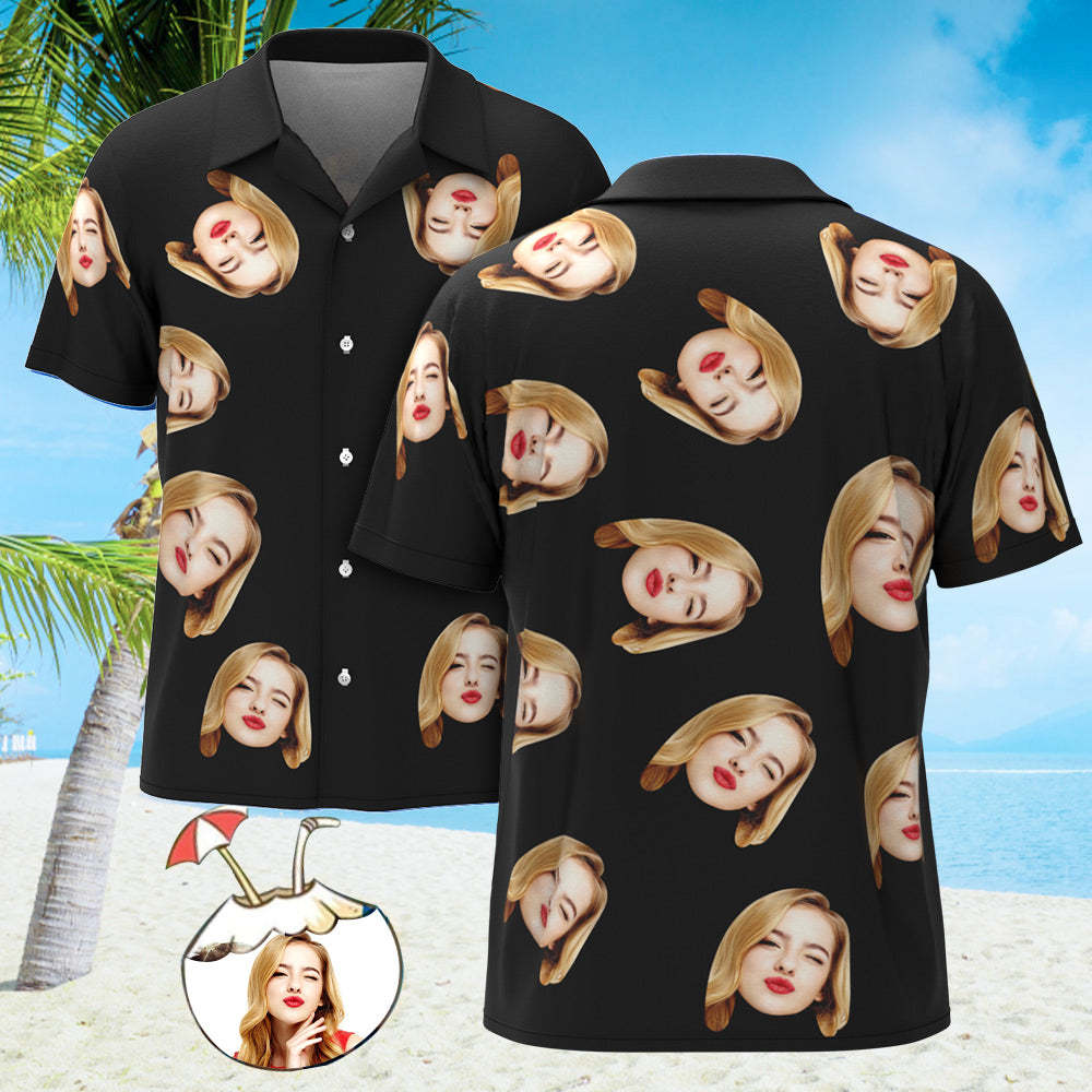 Custom Face Hawaiian Shirts Personalized Photos Funny Men's Shirt Gift Black - SantaSocks