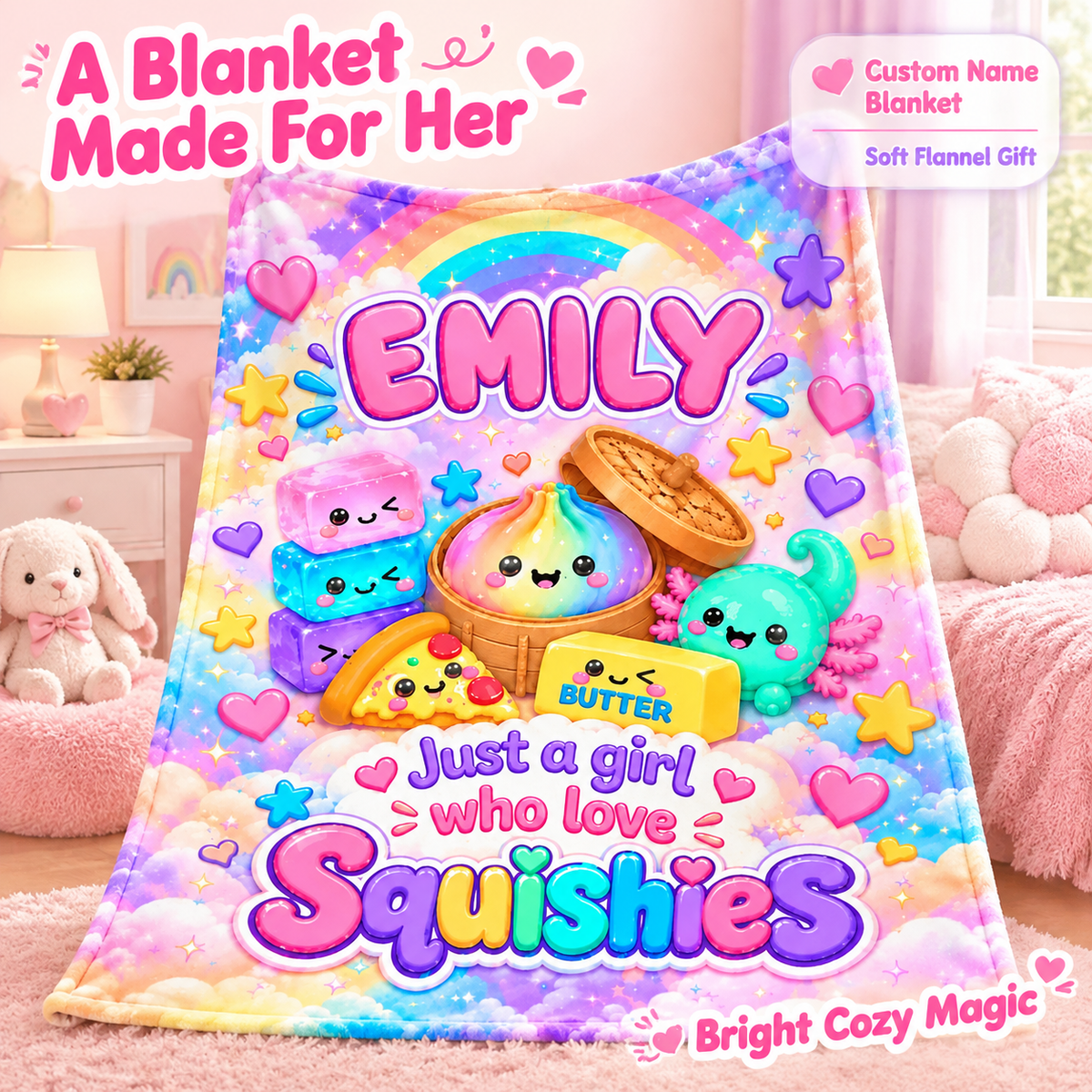 Personalized Squishy Blanket for Girls – Birthday & Christmas Gift with Kawaii Dumpling Print, Soft Fleece Throw