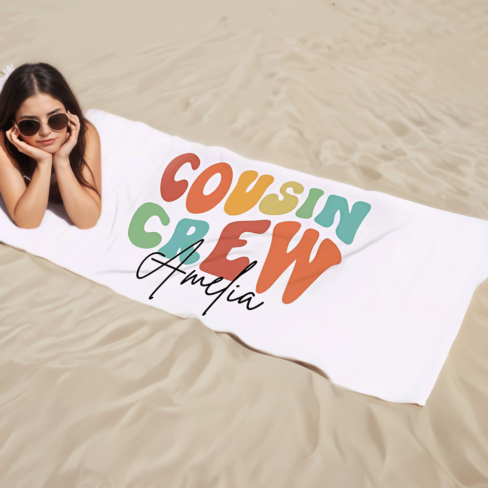 Personalized Name Cousin Crew Beach Towel, Perfect for Family Outings - SantaSocks