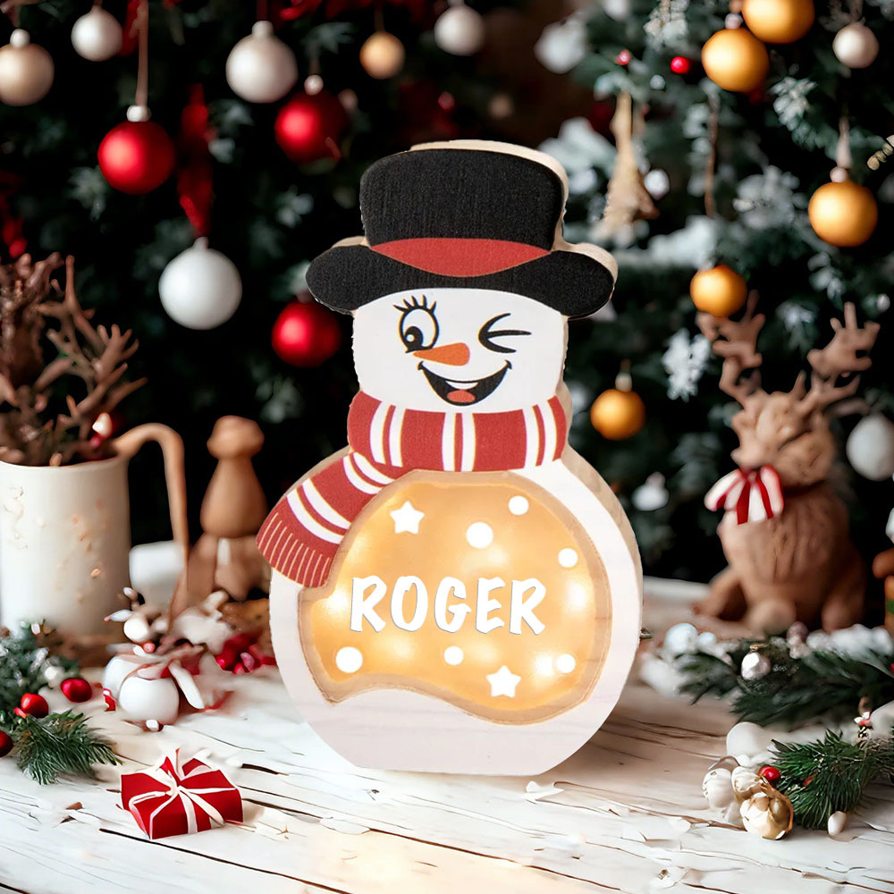Personalized Snowman Wooden Decoration with LED Light Tabletop Winter Name Block Sign Holiday Party Supplies Christmas Gift for Family - SantaSocks
