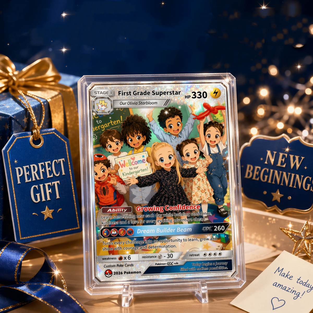 First Grade Gift from Parents, First Day of School Custom Anime Poke Card, Personalized Poke Card for Kids - Kindergarten Graduation Gift - SantaSocks