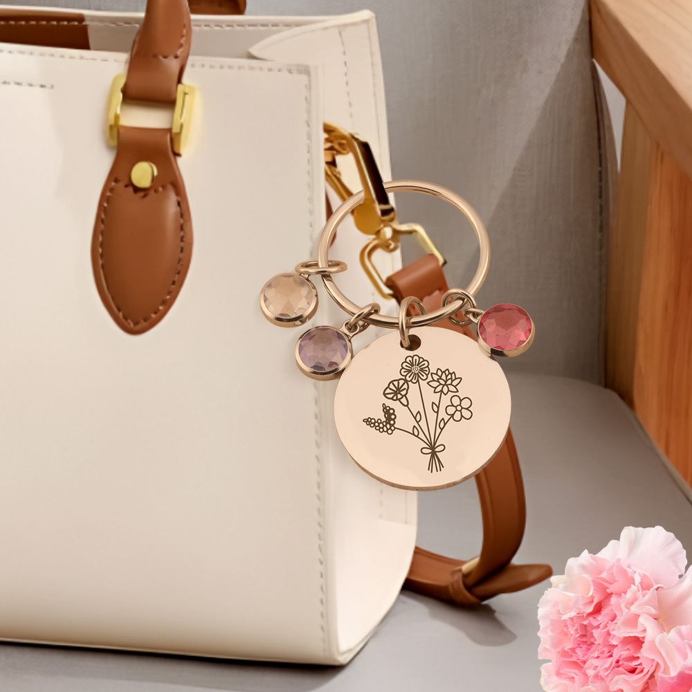 Personalized Birthstone Bag Charm Engraved flower keyring Custom Floral Charm Bag Charm Gift for Her Multiple Birthstone Birthday Present