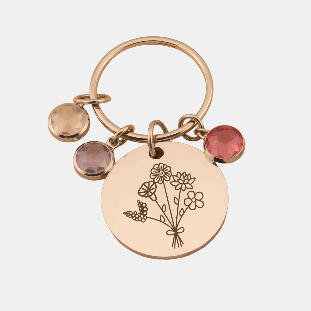 Personalized Birthstone Bag Charm Engraved flower keyring Custom Floral Charm  Bag Charm Gift for Her Multiple Birthstone Birthday Present
