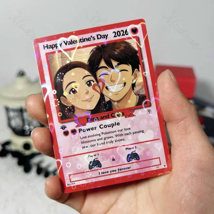 Personalized Valentine's Day Power Couple Card, Custom Anniversary Card Couple Photo Anime Style, Best Valentine's Day Gift for Lover - SantaSocks