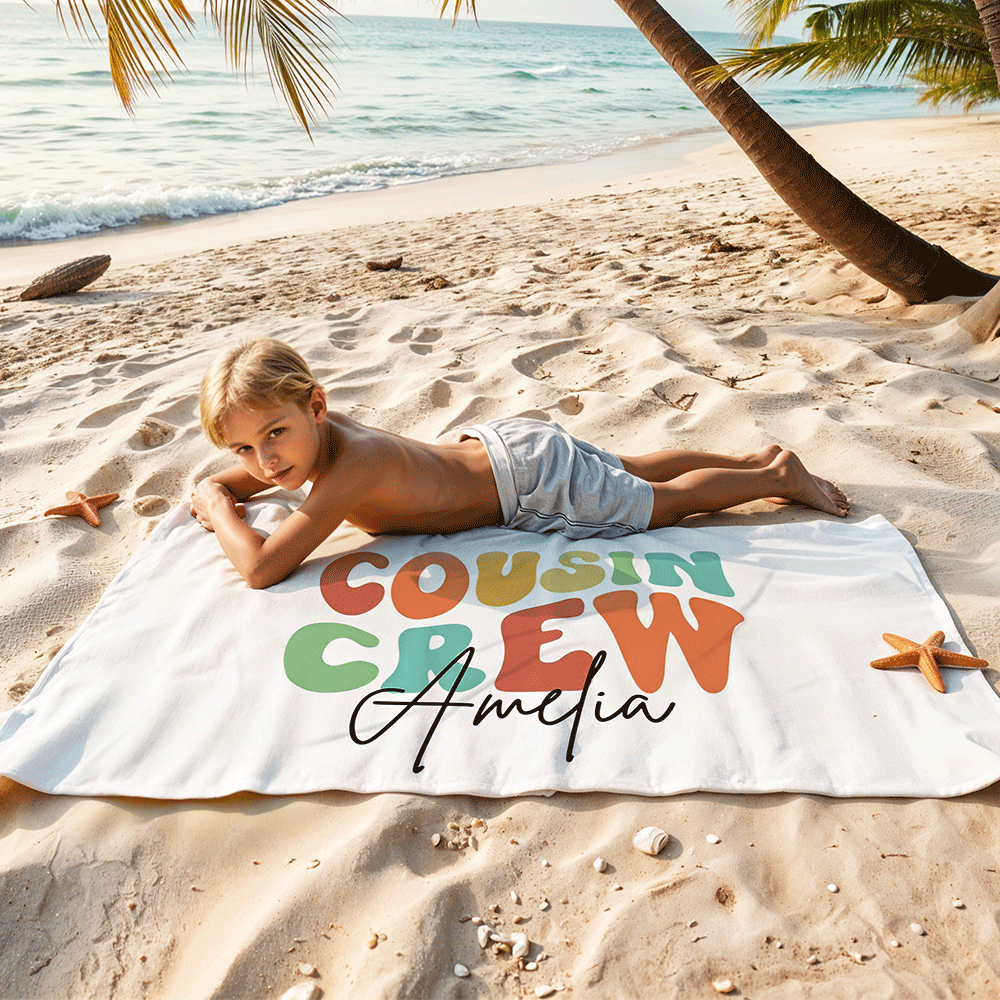 Personalized Name Cousin Crew Beach Towel, Perfect for Family Outings - SantaSocks