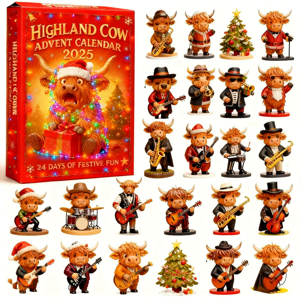 Scottish Highland Cow Advent Calendar | Christmas Countdown Blind Box Ornaments | 3D Acrylic & Rubber Tree Decorations | Holiday Gift for Family & Kids