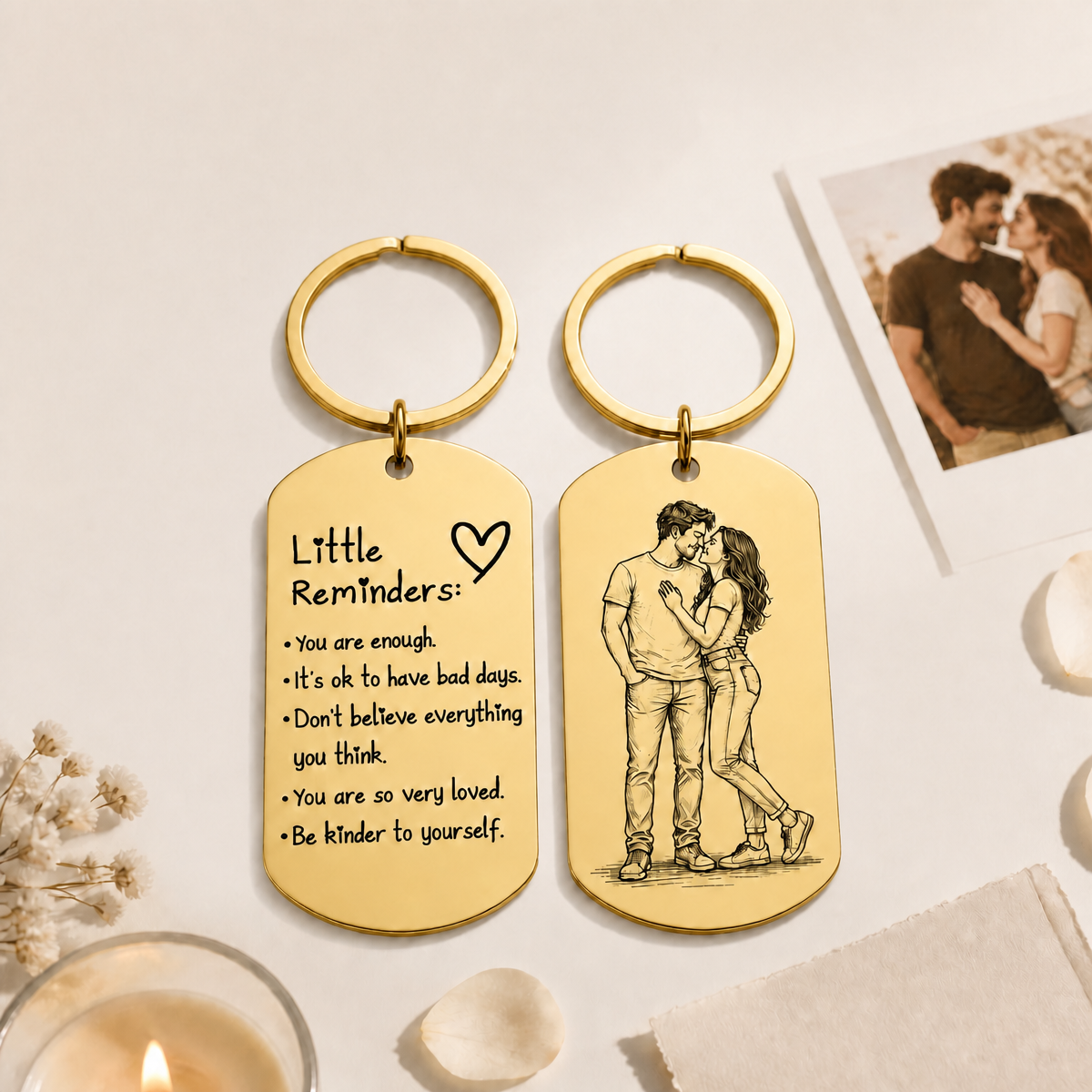 Personalized Photo Inspirational Little Reminders Keychain – Custom Engraved Stainless Steel Dog Tag with Photo Sketch | Meaningful Gift for Friends & Family