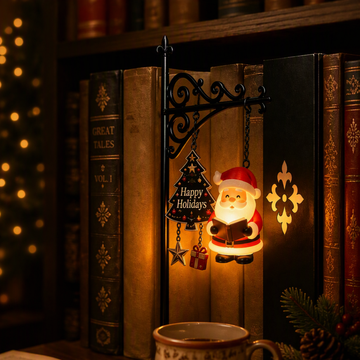 Christmas Bookshelf Light - Santa Reading Ornament for Library, Home Decor Gift for Book Lovers - SantaSocks