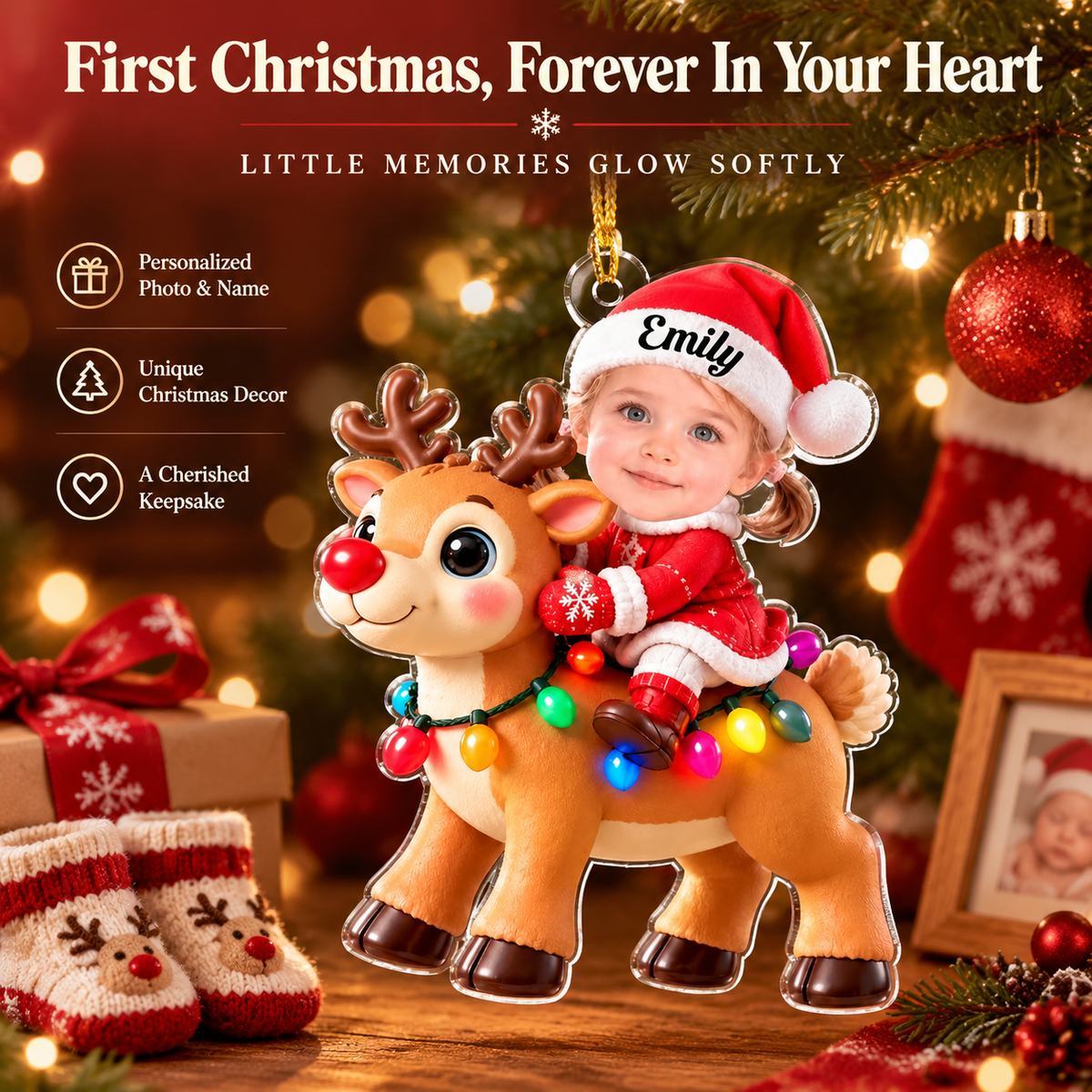 Personalized Christmas Ornament for Kids – Custom Name Reindeer Ride Decor with LED Lights - SantaSocks