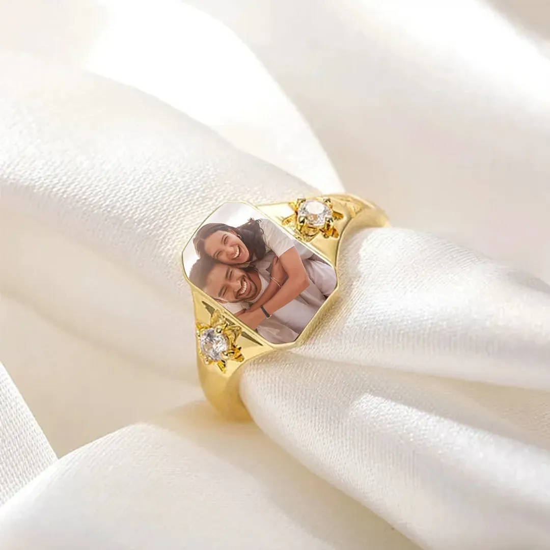 Mother's Day Gifts Personalized Birthstone Photo Ring 2 Birthstone Colors Custom Jewelry Perfect Gift for Her - SantaSocks