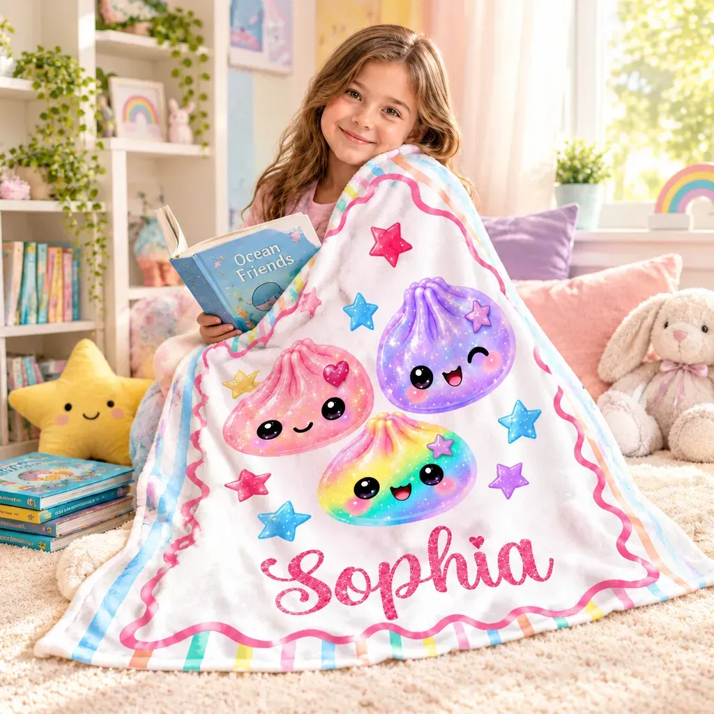 Personalized Squishy Blanket for Girls – Birthday & Christmas Gift with Kawaii Dumpling Print, Soft Fleece Throw