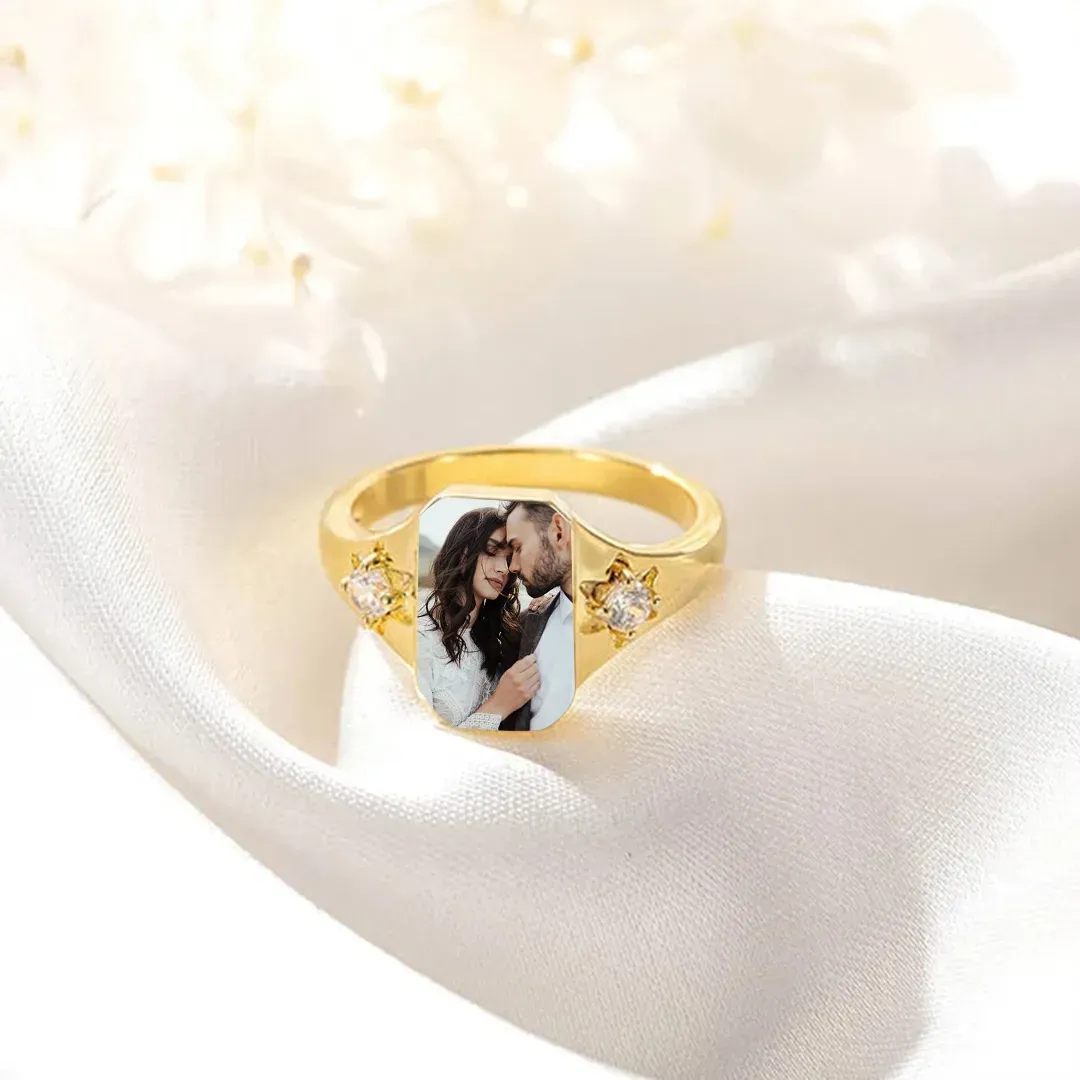 Mother's Day Gifts Personalized Birthstone Photo Ring 2 Birthstone Colors Custom Jewelry Perfect Gift for Her - SantaSocks