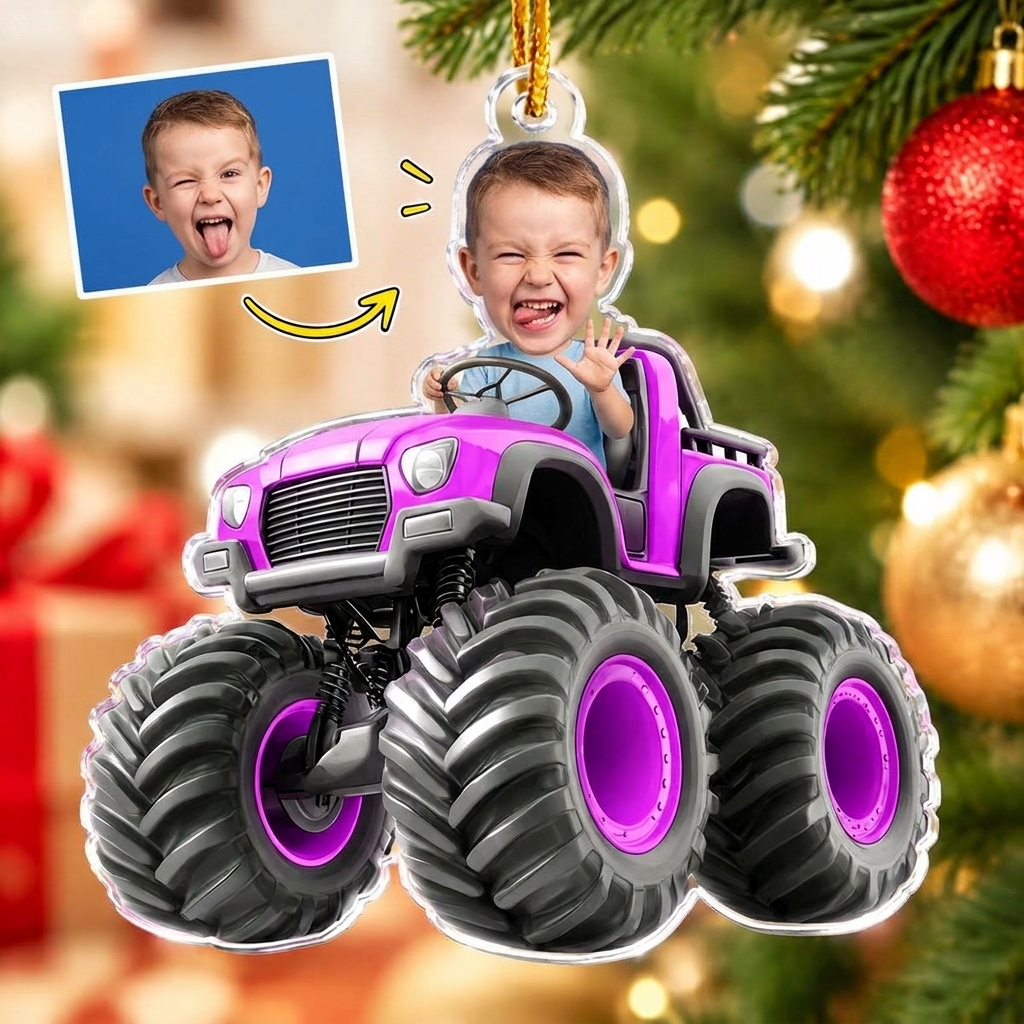 Custom Face Kid Riding Monster Truck Personalized Acrylic Photo Ornament – Kids & Toddler Christmas Gift, Birthday Keepsake