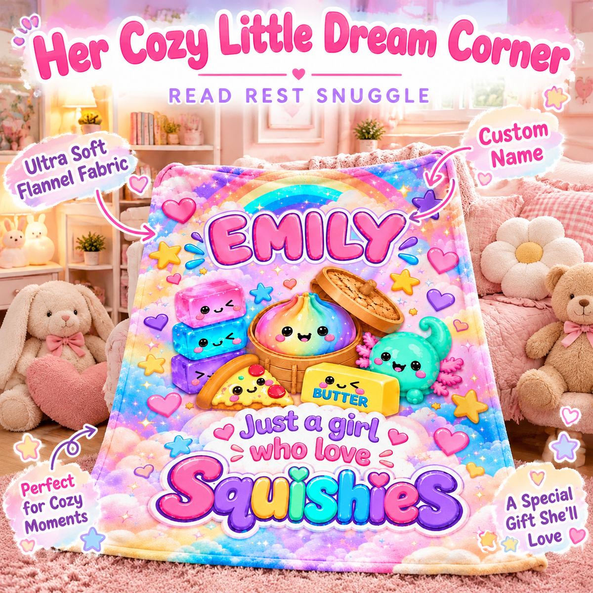 Personalized Squishy Blanket for Girls – Birthday & Christmas Gift with Kawaii Dumpling Print, Soft Fleece Throw