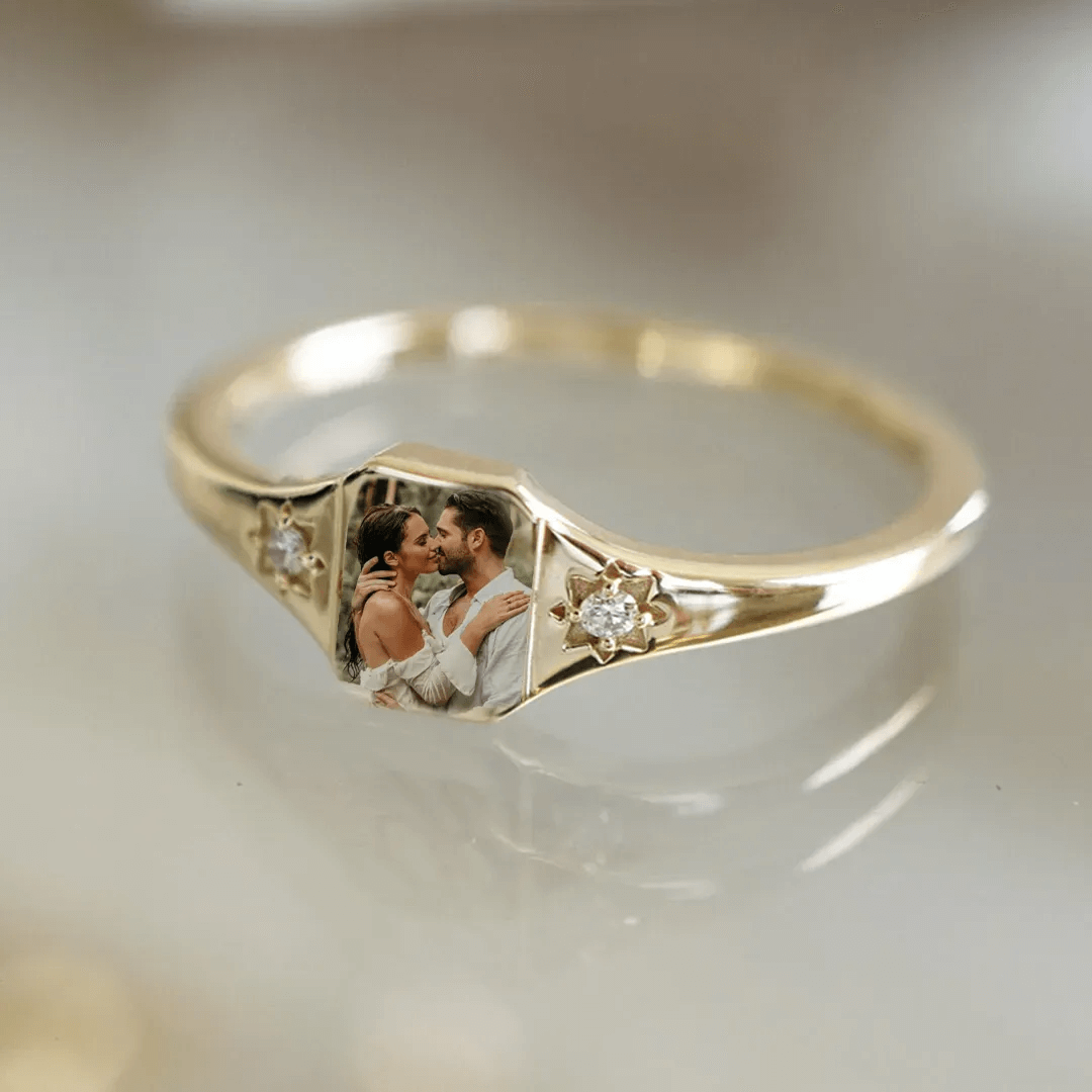 Mother's Day Gifts Personalized Birthstone Photo Ring 2 Birthstone Colors Custom Jewelry Perfect Gift for Her - SantaSocks