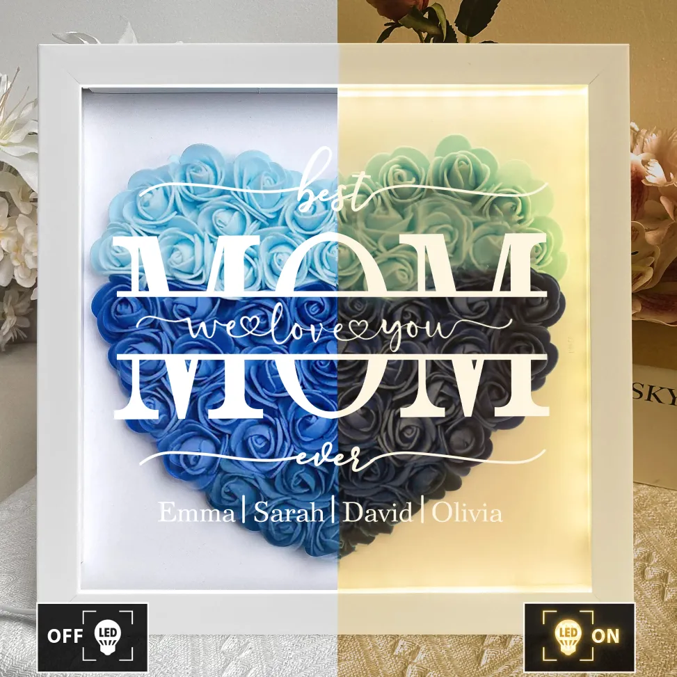 We Love You Mom - Personalized Flower Shadow Box With LED Light
