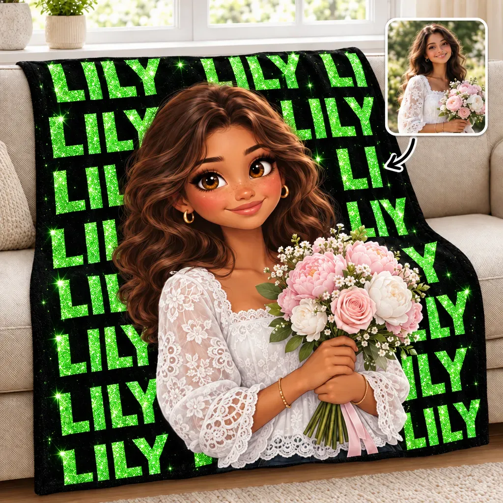 Personalized Cartoon Portrait Throw Blanket with Name, 3D-Style Artwork Soft Blanket, Custom Kid & Teen Gift for Birthday, Bedroom & Home Decor