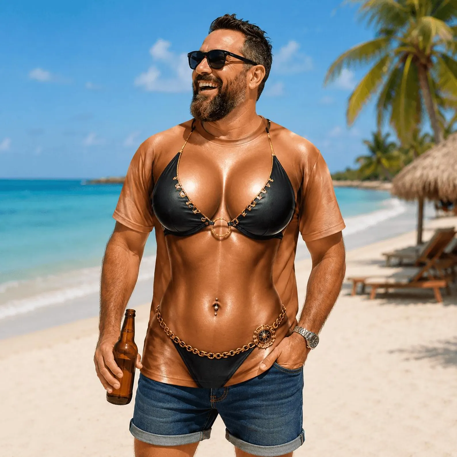 Custom Funny Fake Bikini Body 3D T Shirt, Beach Party Shirt, Bachelor Party Matching Shirts, 3D Printed Bikini Graphic Tee, Gag Gift Men
