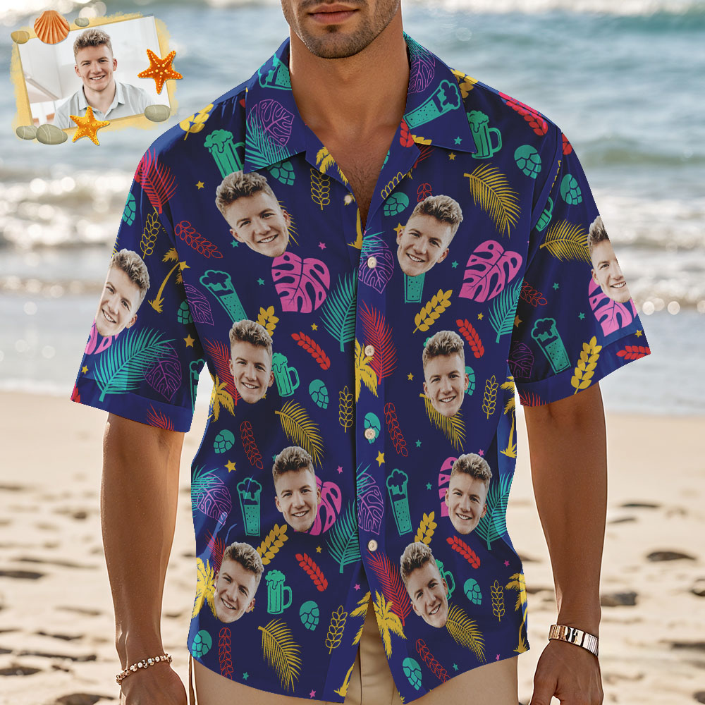 Custom Men Purple Leaves Hawaiian Shirts Face Shirt Beer Pattern Hawaiian Shirt Gift for Summer Vibe Holiday - SantaSocks