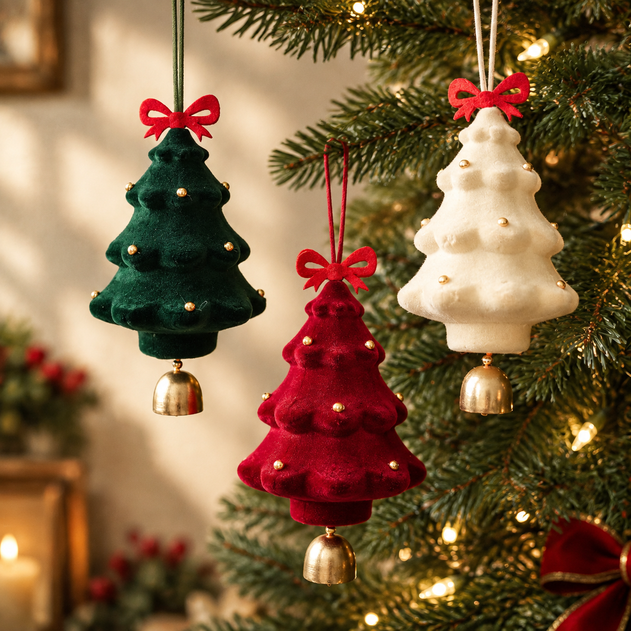 Flocked Christmas Tree Bell Ornament – Festive Hanging Decor for Gift Giving, Home & Tree Decoration