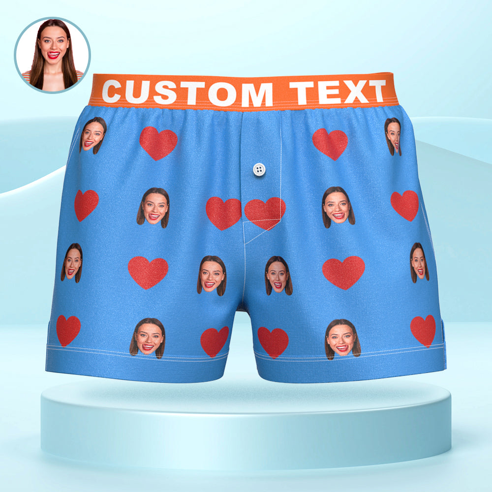 Custom Face Red Heart Design Boxer Shorts with Personalized Text on the Waistband Personalized Underwear for Him