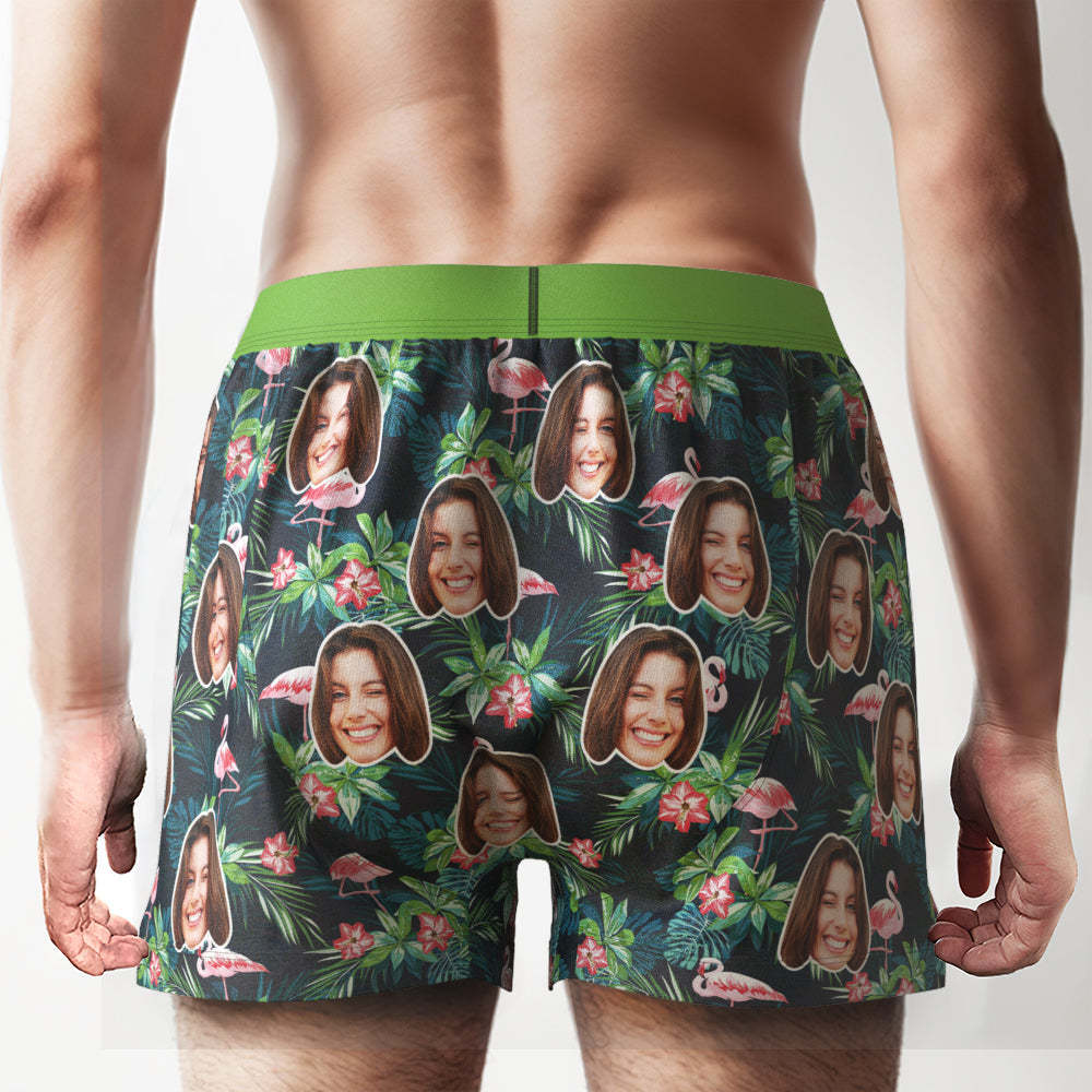 Custom Face Colorful Flamingo Boxer Shorts Personalized Waistband Casual Underwear for Him - SantaSocks