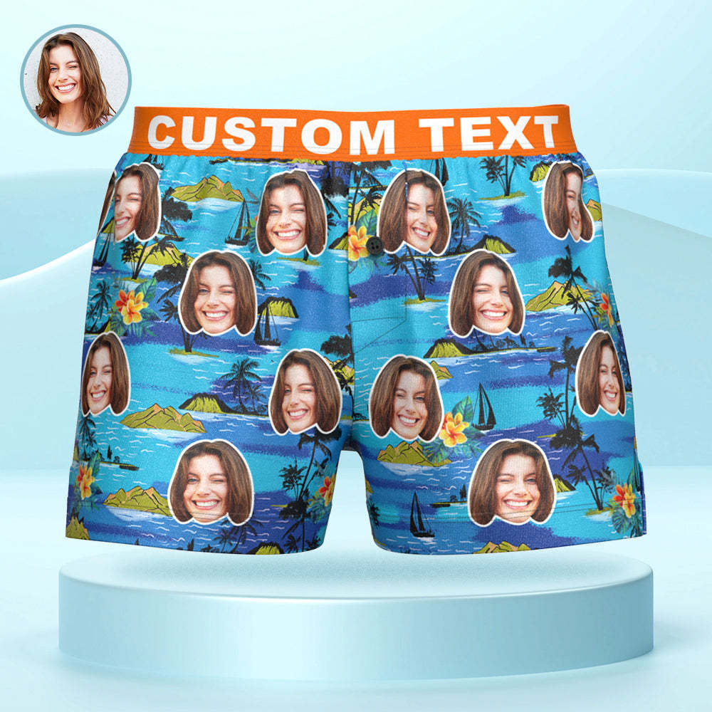 Custom Face Hawaiian Landscape Boxer Shorts Personalized Waistband Casual Underwear for Him - SantaSocks