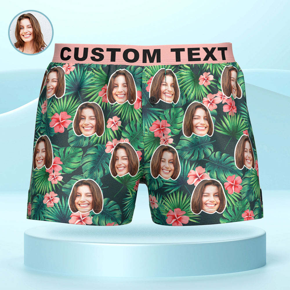 Custom Face Red Flowers Design Boxer Shorts Personalized Waistband Casual Underwear for Him - SantaSocks