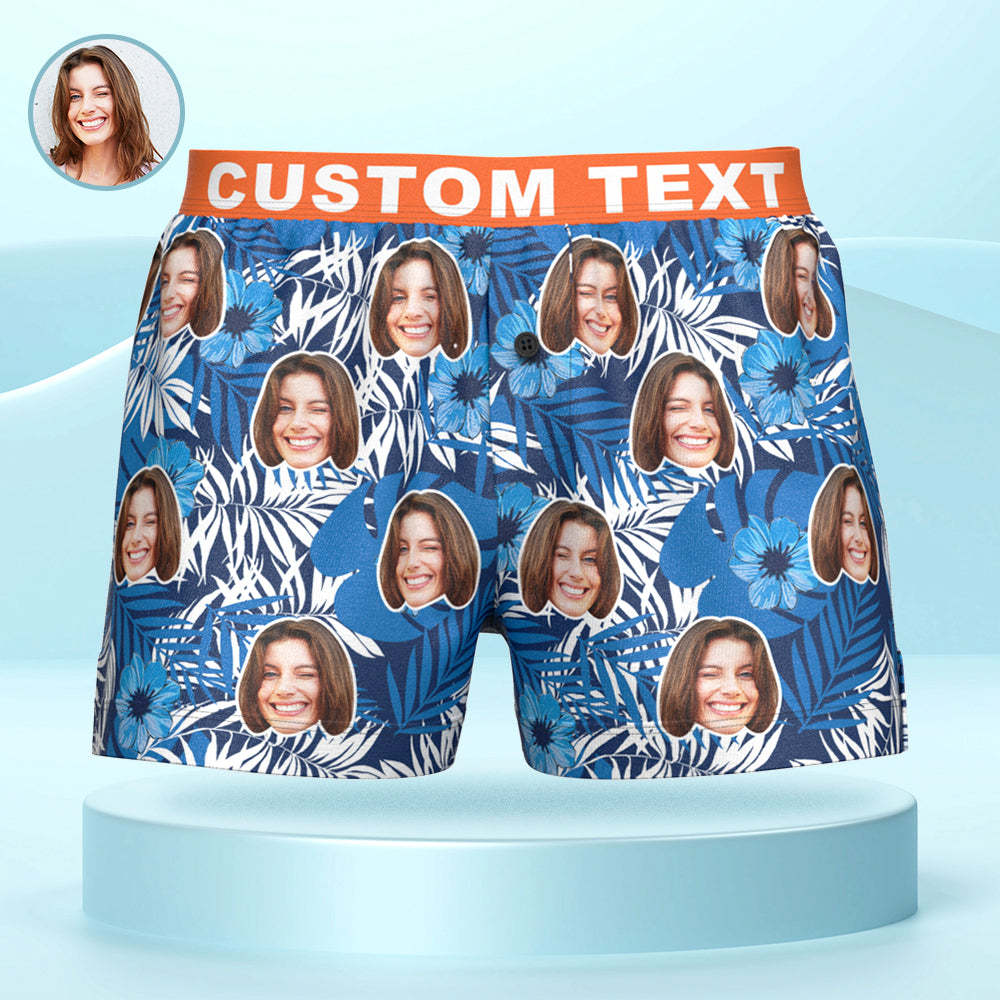 Custom Face Leaves and Flowers Print Boxer Shorts Personalized Waistband Casual Underwear for Him - SantaSocks