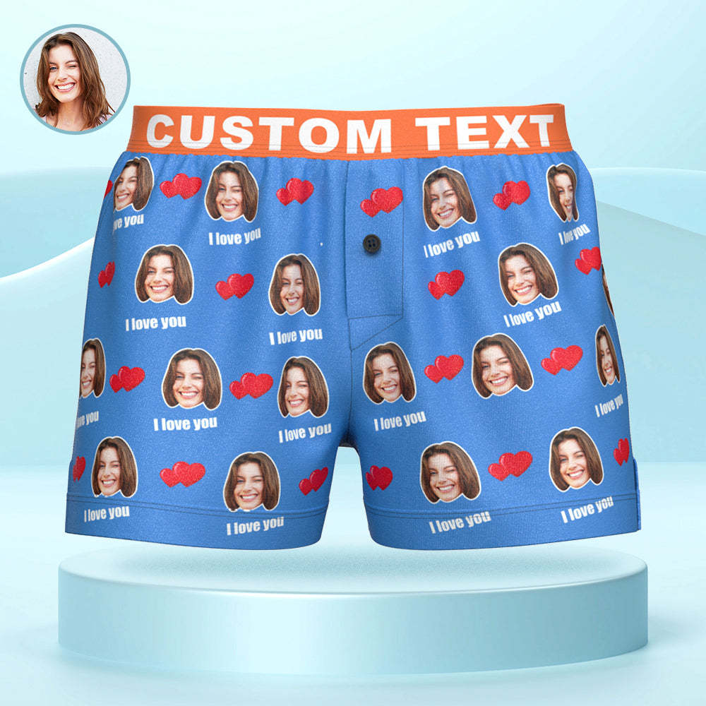 Custom Face I Love You Boxer Shorts with Personalized Text on the Waistband Personalized Underwear for Him - SantaSocks