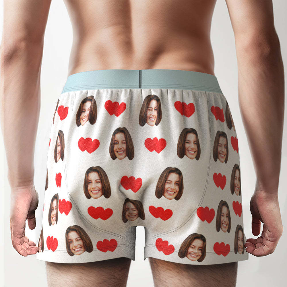 Custom Face Love Hearts Boxer Shorts Personalized Waistband Casual Underwear for Him - SantaSocks