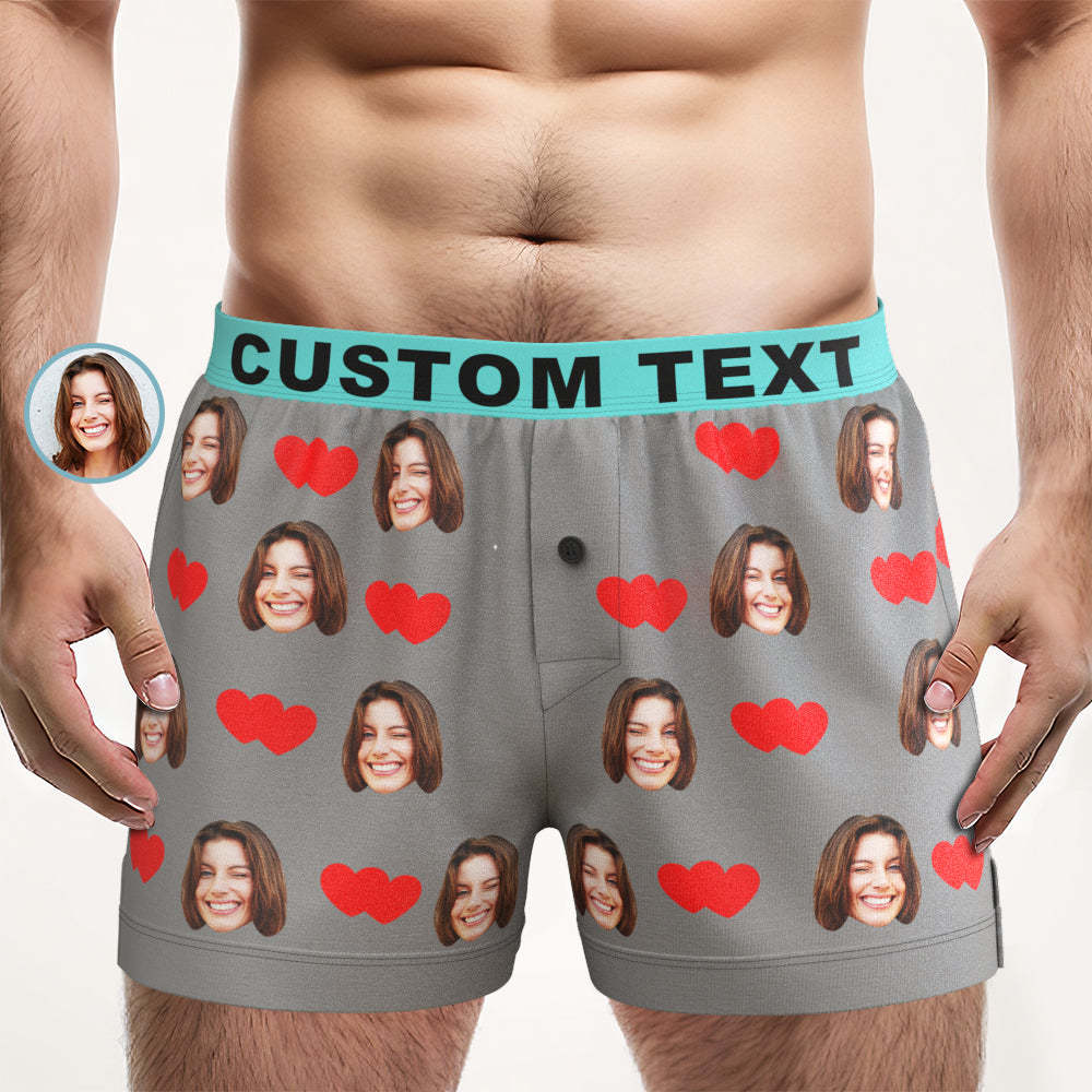 Custom Face Love Hearts Boxer Shorts Personalized Waistband Casual Underwear for Him - SantaSocks