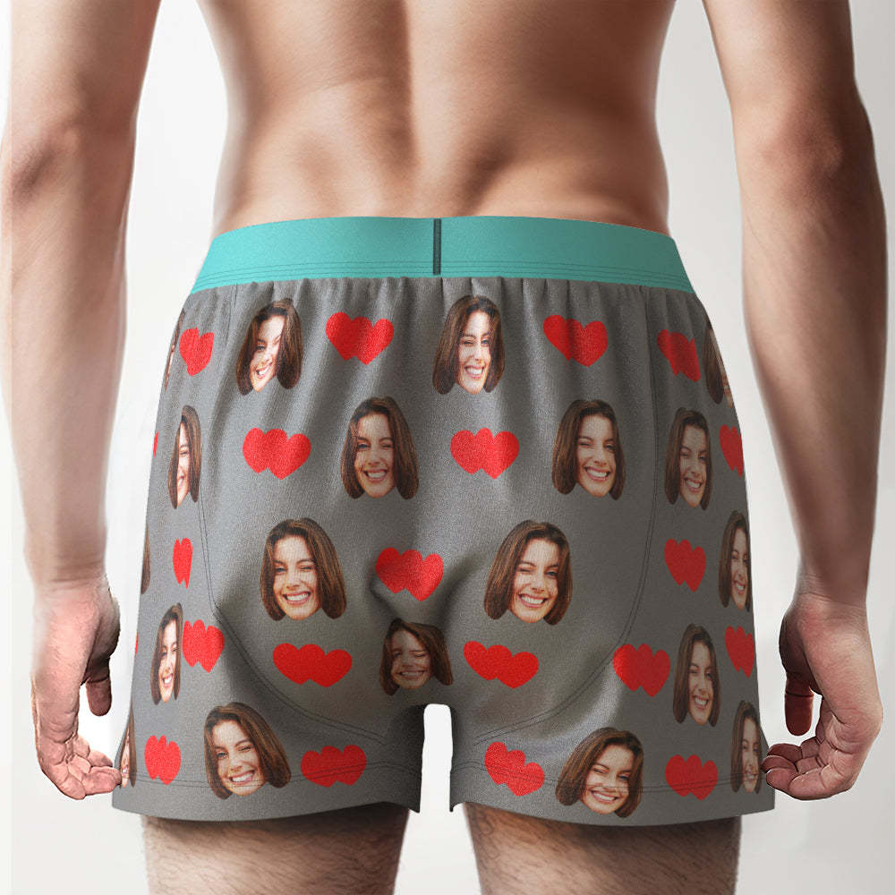 Custom Face Love Hearts Boxer Shorts Personalized Waistband Casual Underwear for Him - SantaSocks