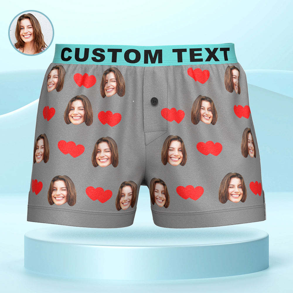 Custom Face Love Hearts Boxer Shorts Personalized Waistband Casual Underwear for Him - SantaSocks