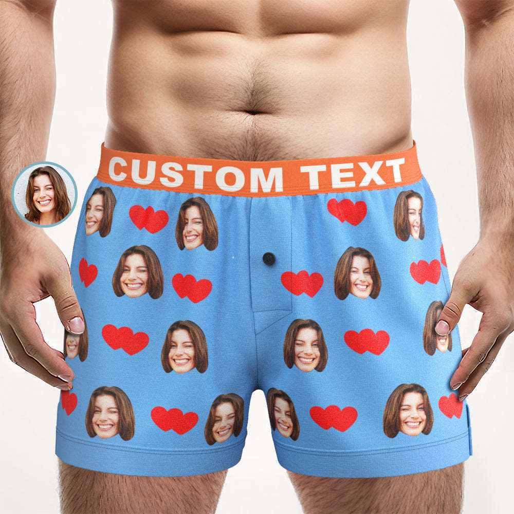 Custom Face Love Hearts Boxer Shorts Personalized Waistband Casual Underwear for Him - SantaSocks