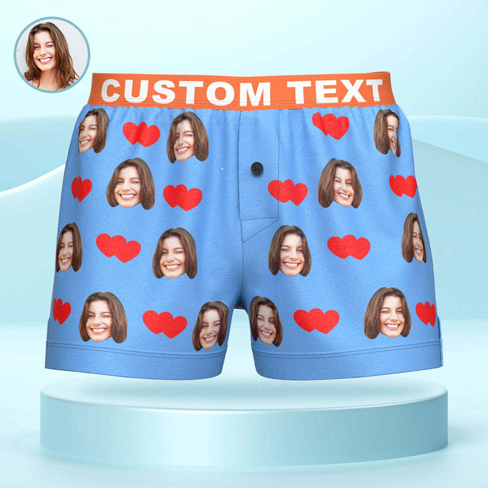 Custom Face Love Hearts Boxer Shorts Personalized Waistband Casual Underwear for Him - SantaSocks