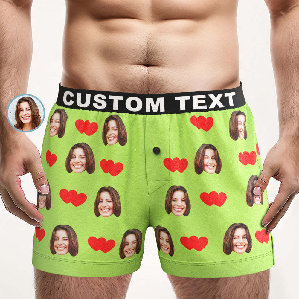 Custom Face Love Hearts Boxer Shorts Personalized Waistband Casual Underwear for Him - SantaSocks