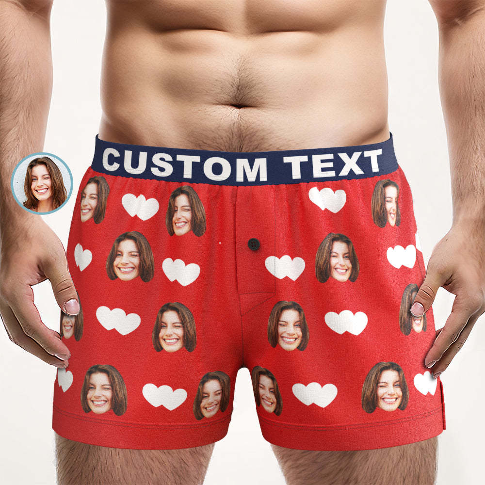 Custom Face Love Hearts Boxer Shorts Personalized Waistband Casual Underwear for Him - SantaSocks