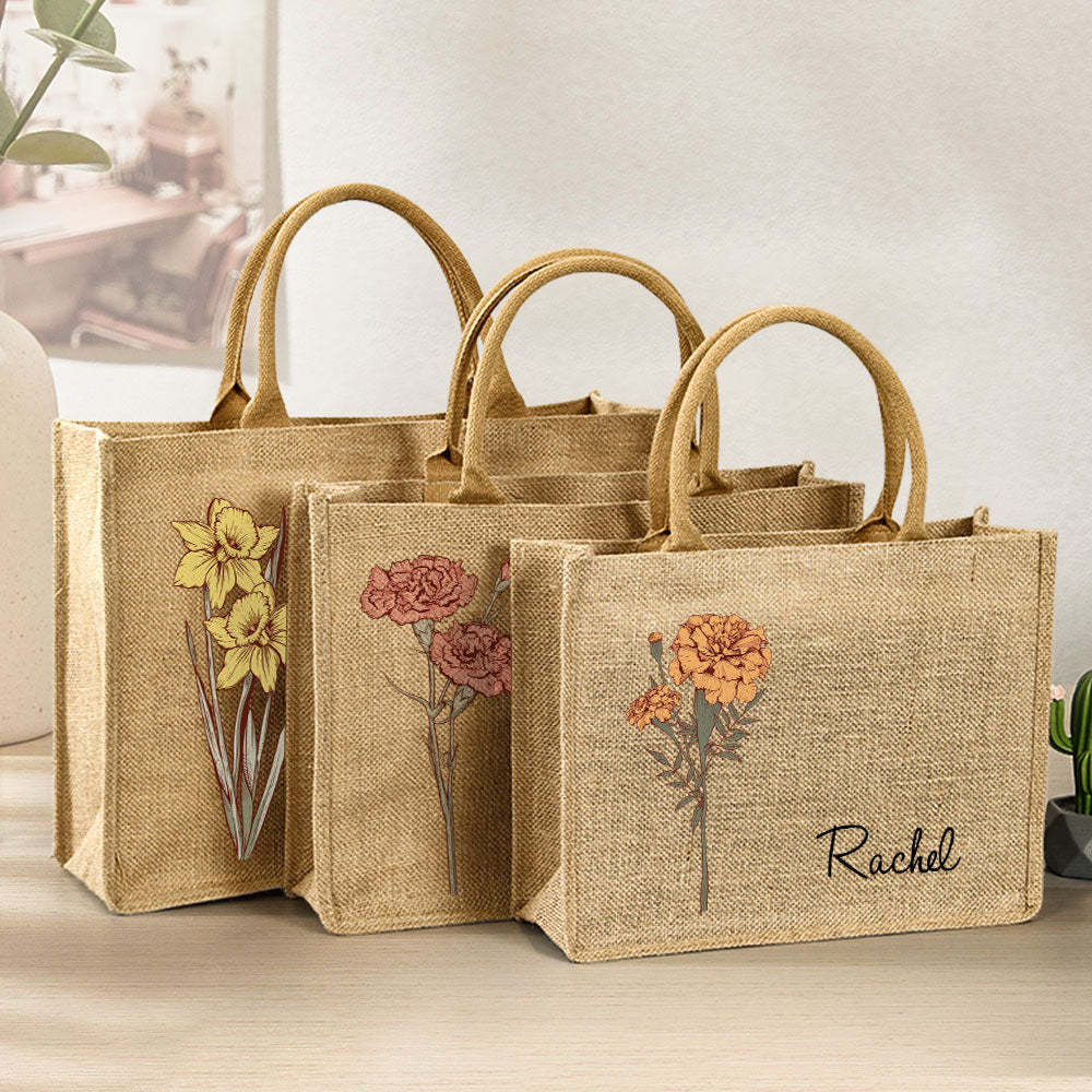 Personalized Birth Flower Beach Jute Tote Bag with Name Birthday Wedding Party Gifts for Women - SantaSocks