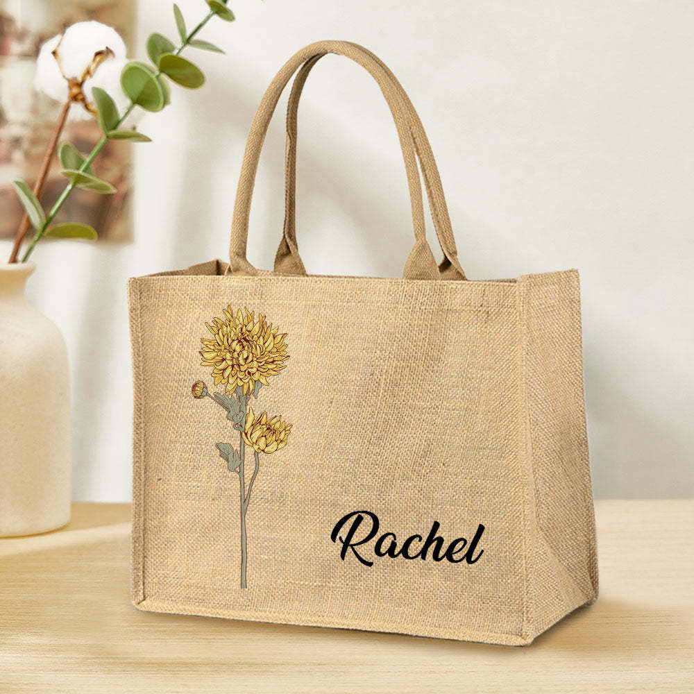 Personalized Birth Flower Beach Jute Tote Bag with Name Birthday Wedding Party Gifts for Women - SantaSocks