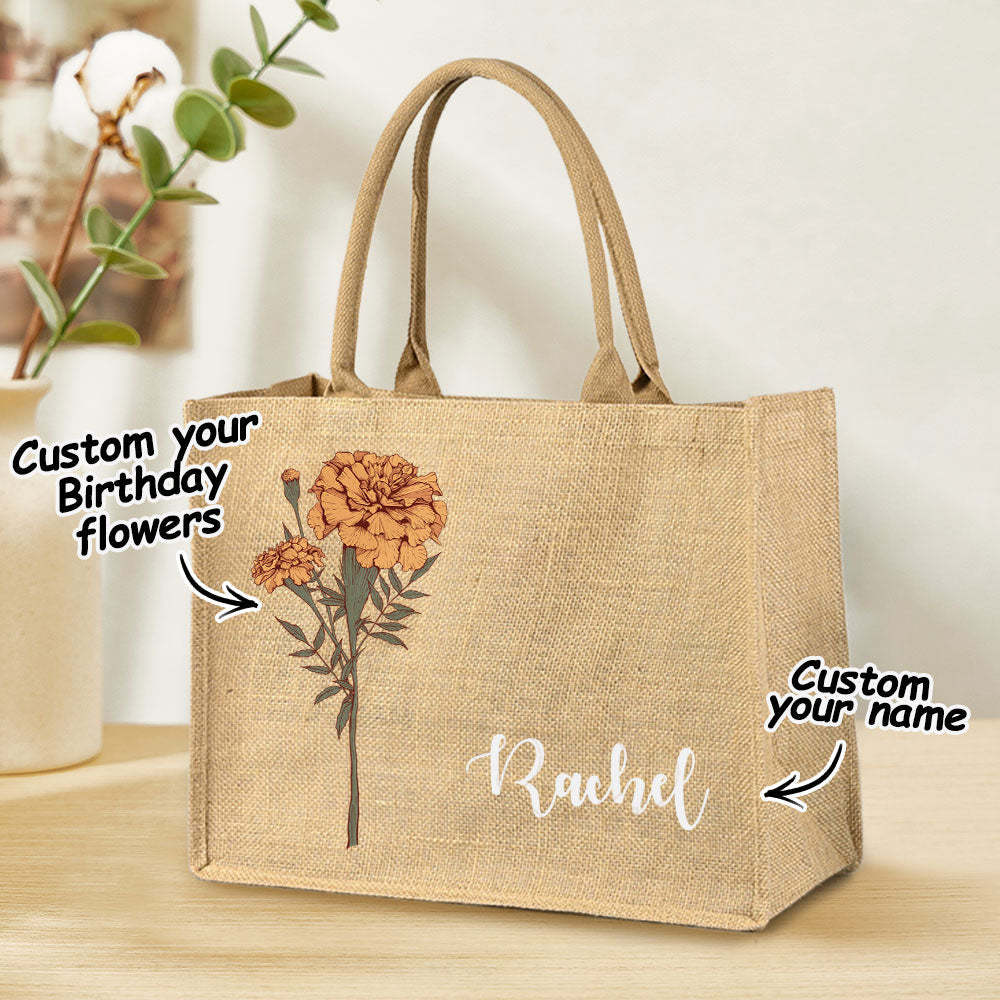Personalized Birth Flower Beach Jute Tote Bag with Name Birthday Wedding Party Gifts for Women - SantaSocks