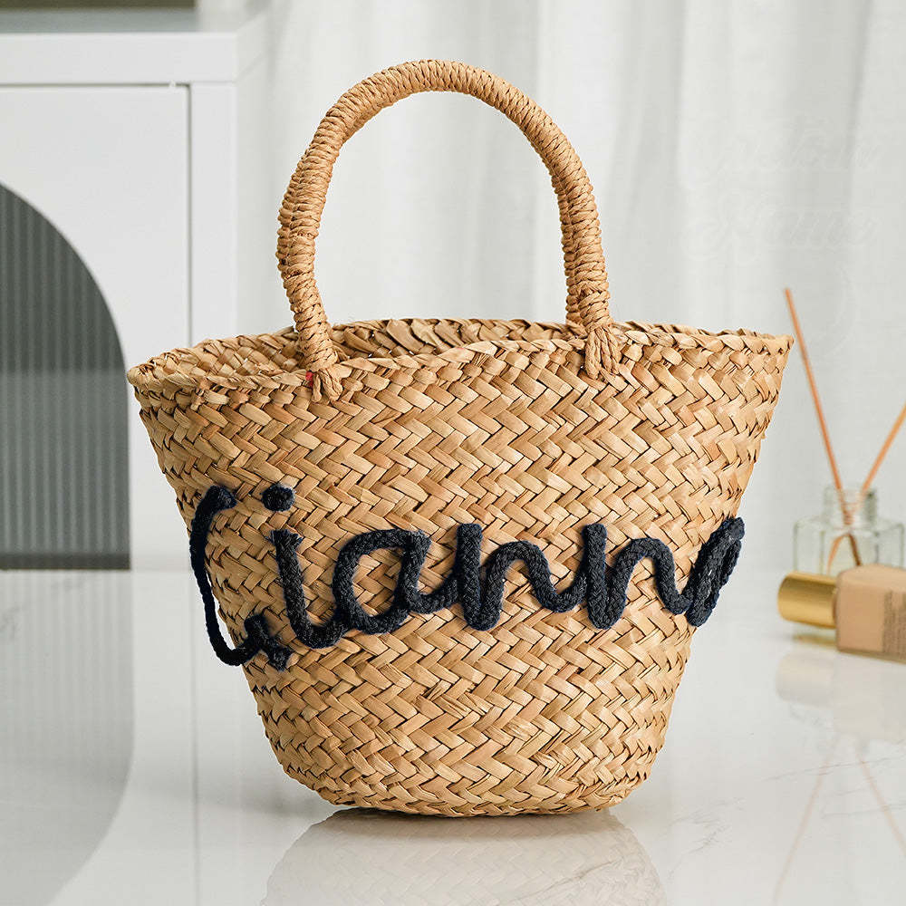 Personalized Embroidered Name Bags Straw Basket Bridal Shower Bags Customized Straw Bags Custom Beach Bag Straw Tote - SantaSocks