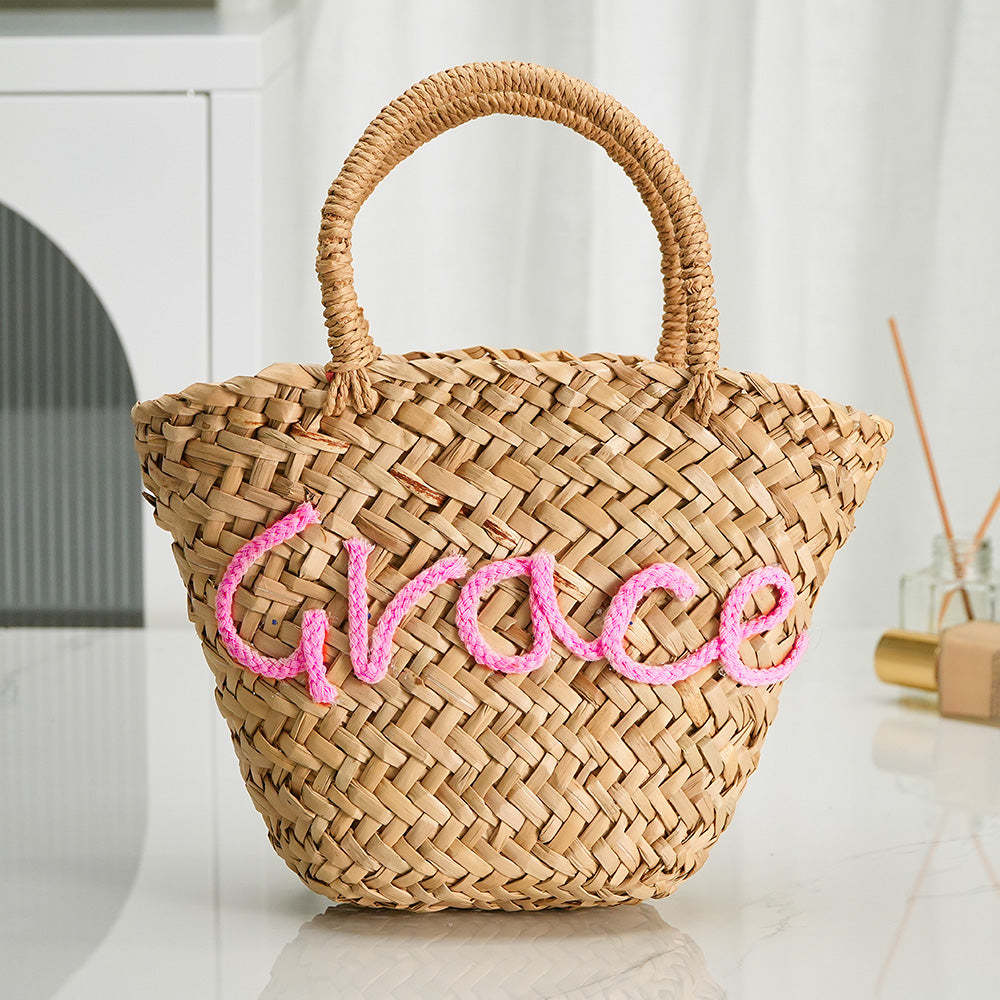 Personalized Embroidered Name Bags Straw Basket Bridal Shower Bags Customized Straw Bags Custom Beach Bag Straw Tote - SantaSocks
